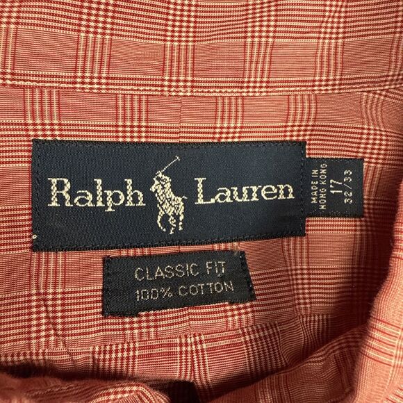Ralph Lauren Shirt Mens 17 32/33 Coral Plaid Long Sleeve Button Down Pony Logo - Picture 3 of 6